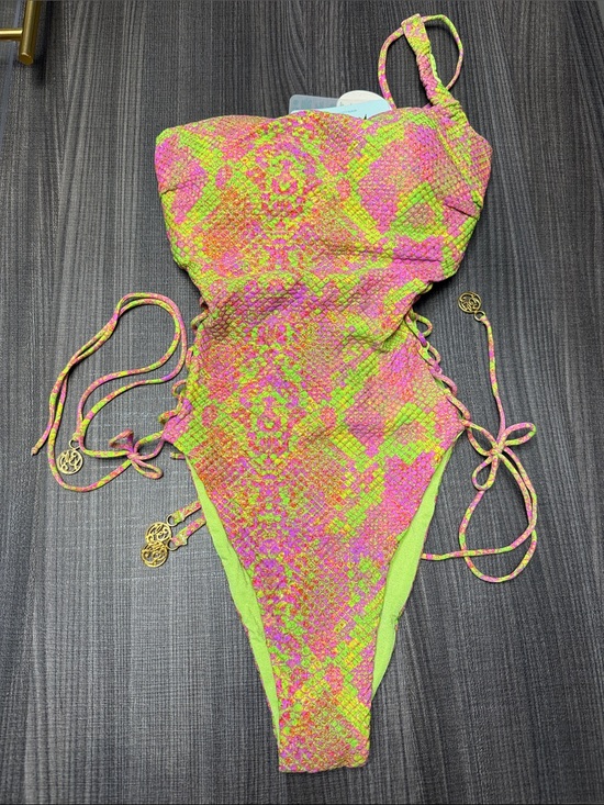 Luli Fama Other - Luli Fama Neon Pink & Lime Textured One-Piece with Lace-Up Sides